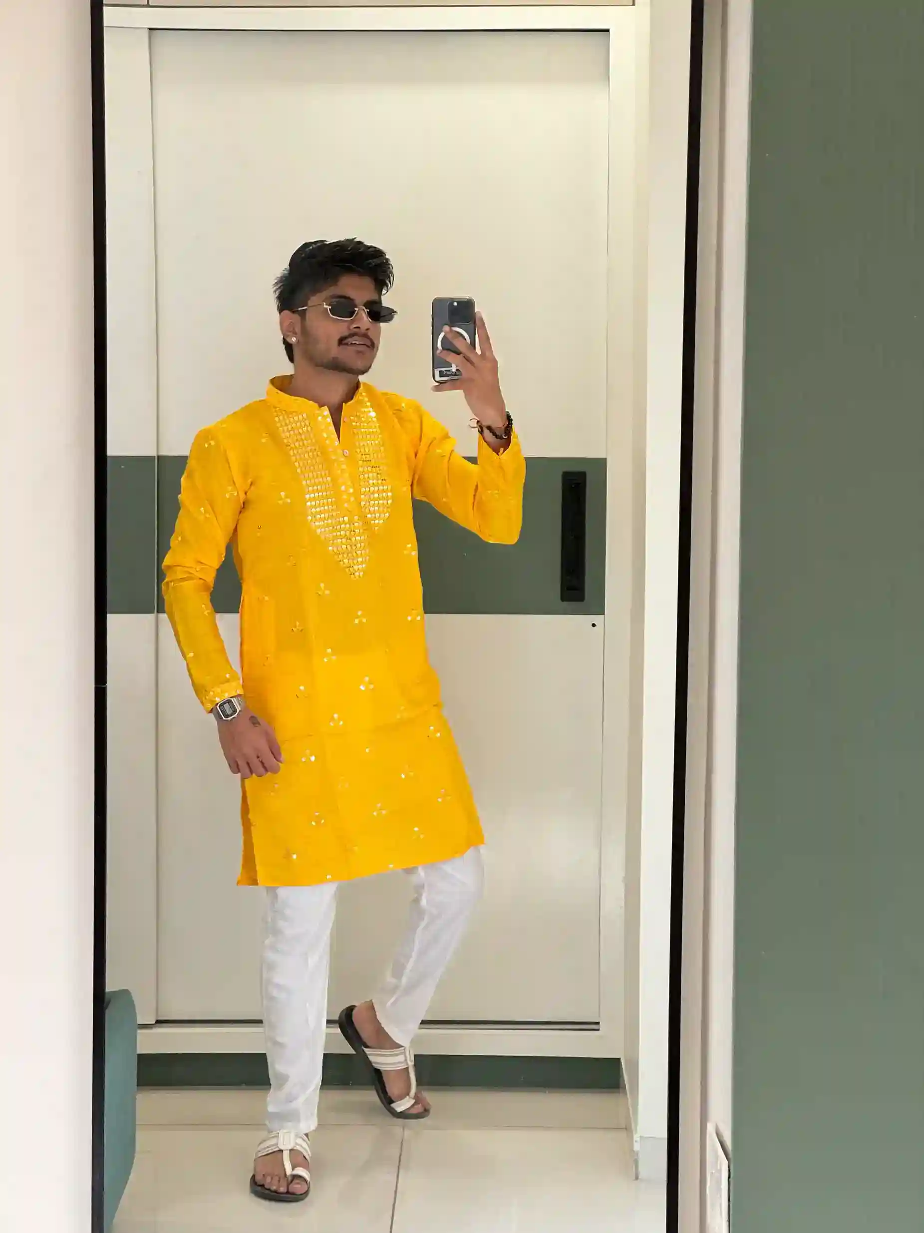 Haldi Yellow Neck Sequin work Kurta