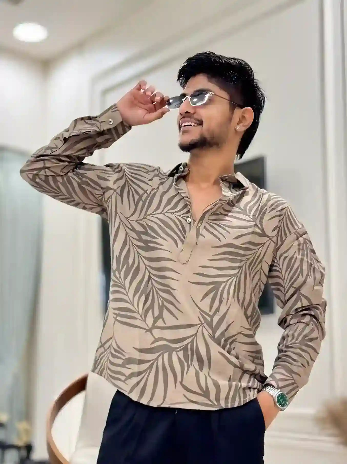 Tan Leaf Print Short Kurta