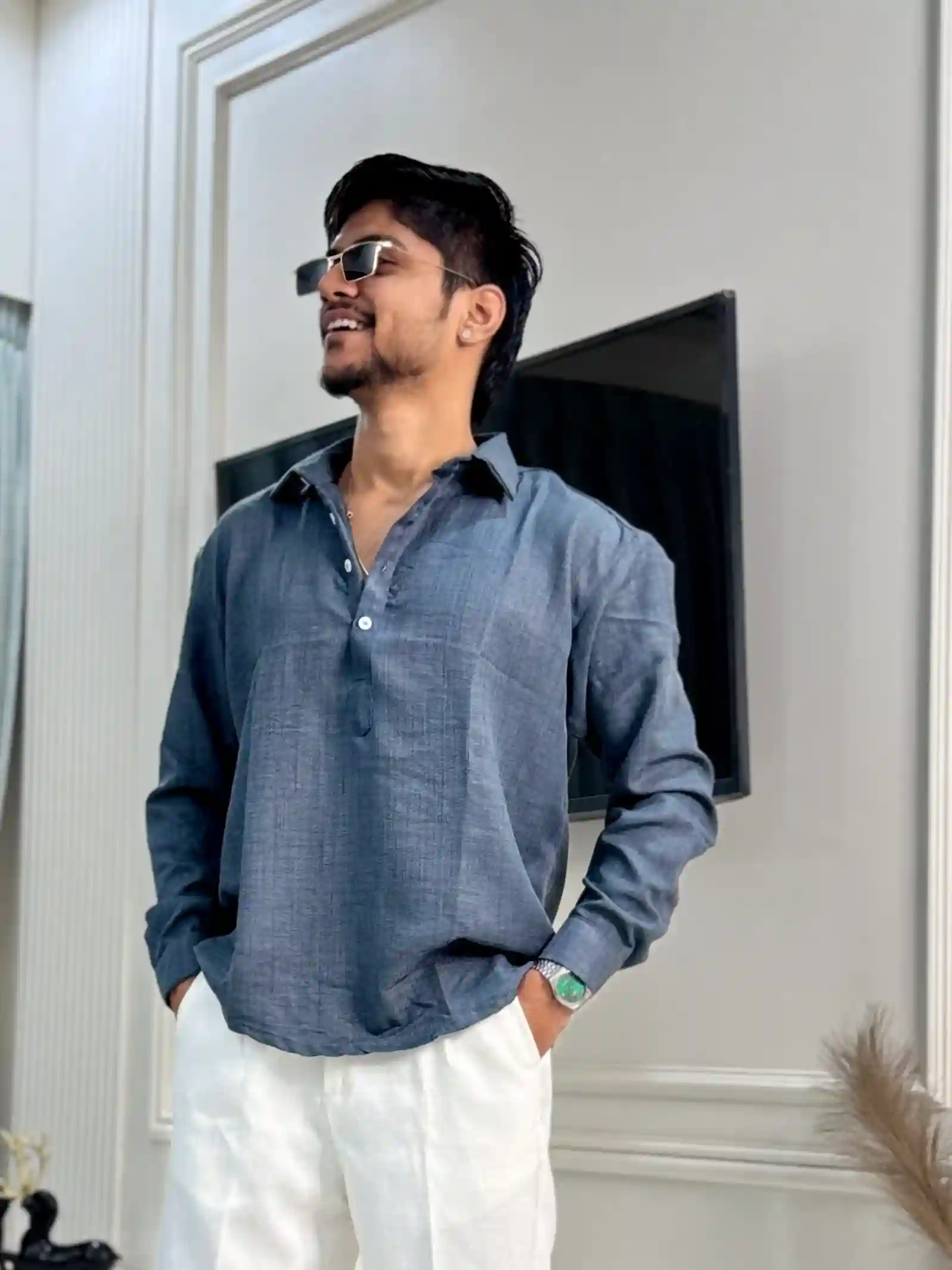 Slate Blue GC Linen Short Kurta
