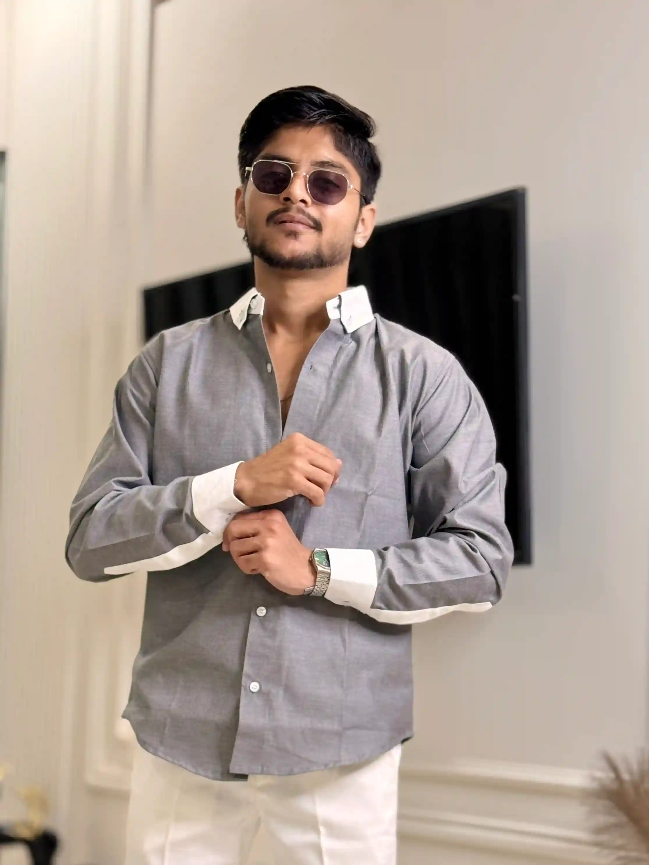 Grey Oxford Out Collar Shirt
