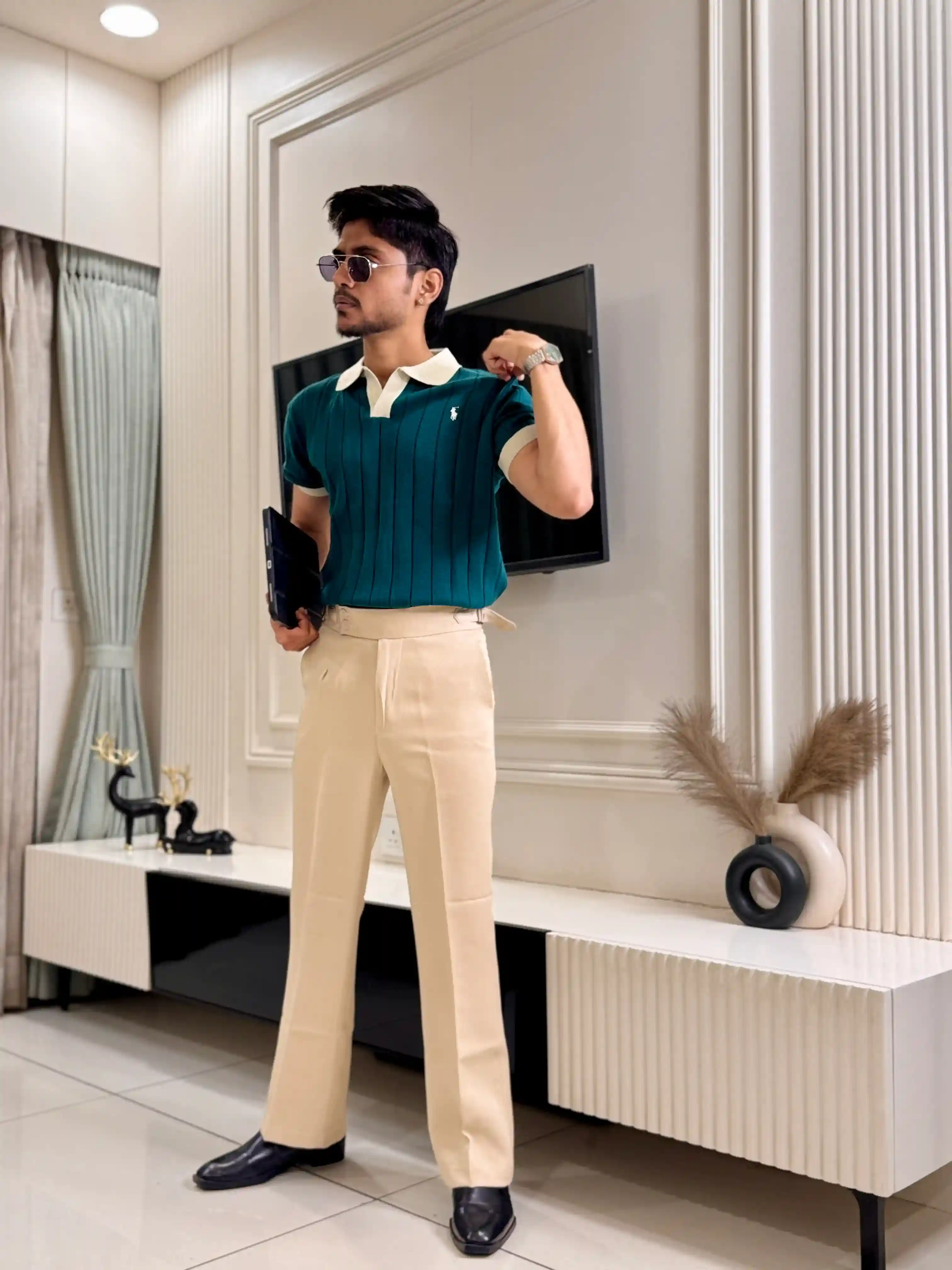 Teal'N Beige Ribbed Knit Polo Pair