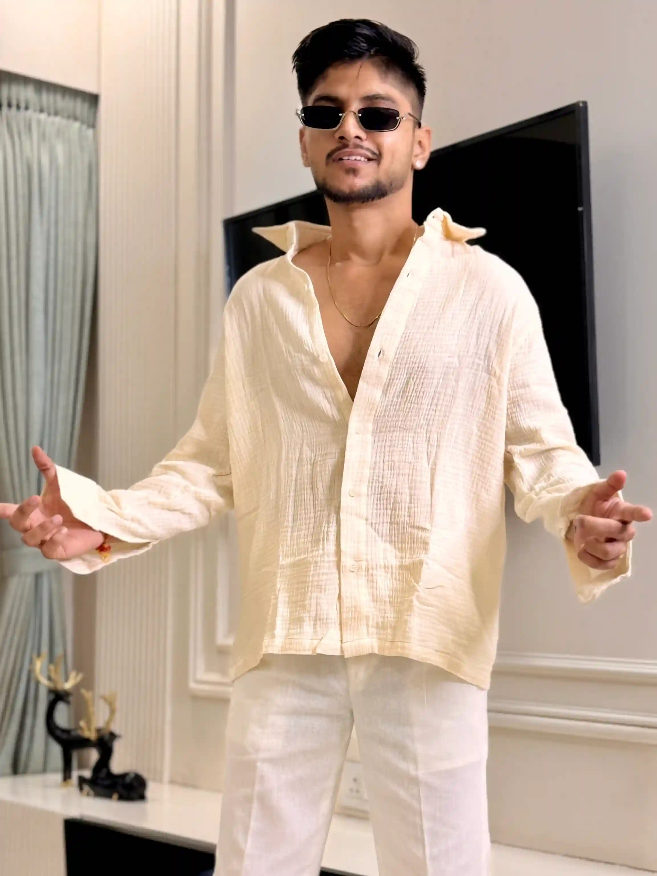 Cream Baby Cotton Relaxed Shirt-Boxy Fit